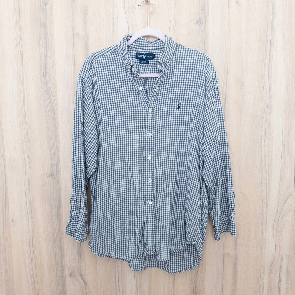 Vintage Ralph Lauren Mens Button Down Shirt L Gray Cream Plaid Blaire Preppy